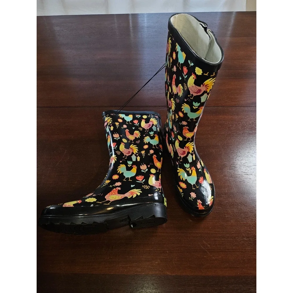 Western Chief Chicken Rooster & Floral Rain Boots Women's 7‎ Waterproof NEW